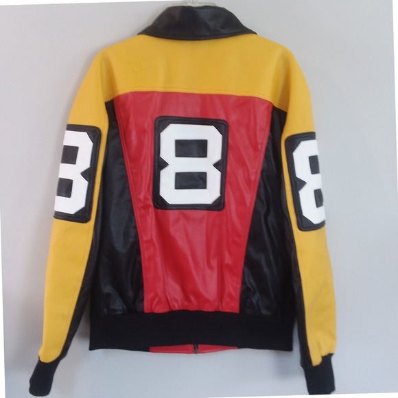 8 Ball Jacket Mens Retro Style Bomber Full Zip Red Yellow Black Faux Leather Lg - Picture 2 of 16